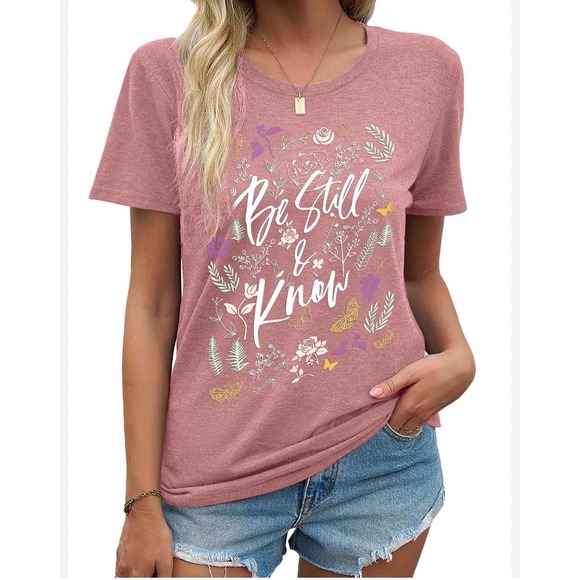 Amazon Tops - MOSHU Women's Graphic T-Shirt – Pink – "Be Still & Know" Floral – Size 2XL NWT